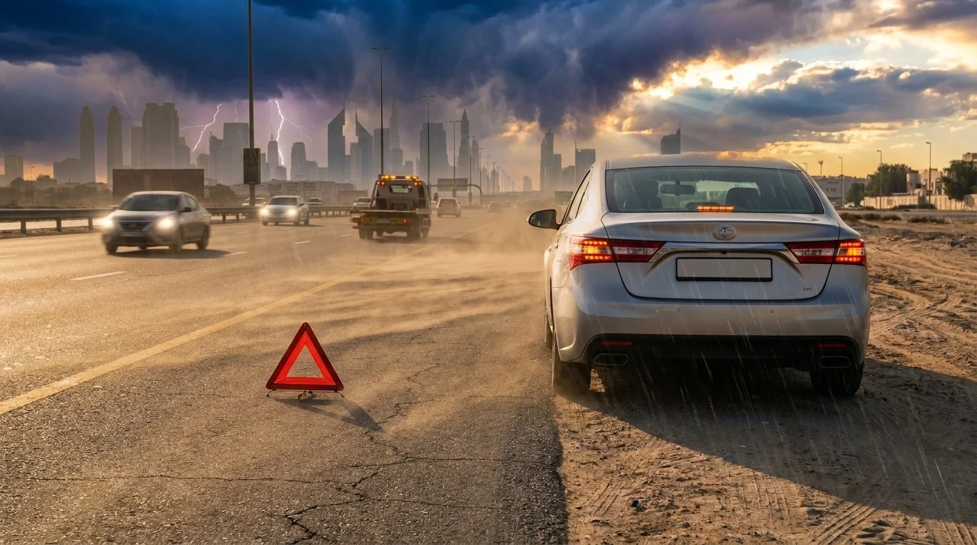 Car stopped on the hard shoulder of a Dubai highway with hazard lights on
