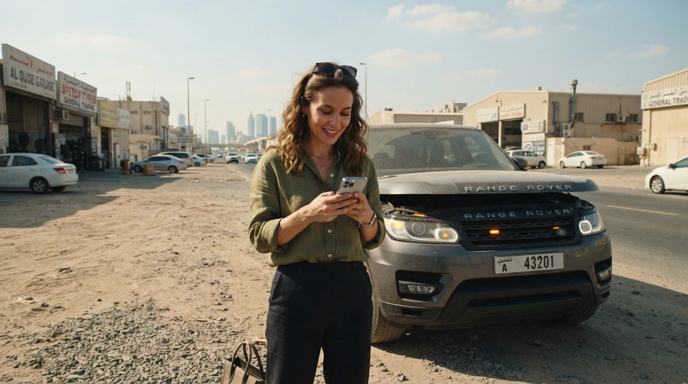 Driver turning the key in a car that won't start in a Dubai car park
