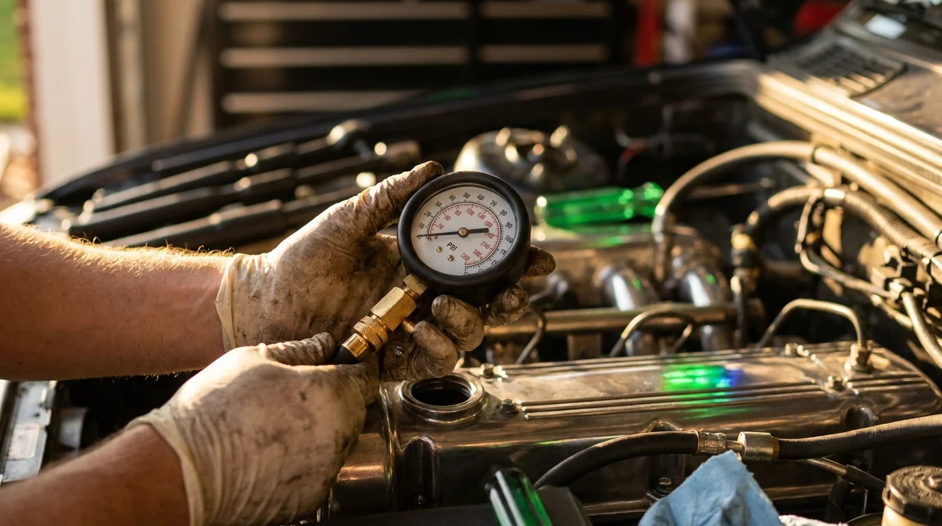 Mechanic inspecting a partially stripped car engine in a Dubai workshop