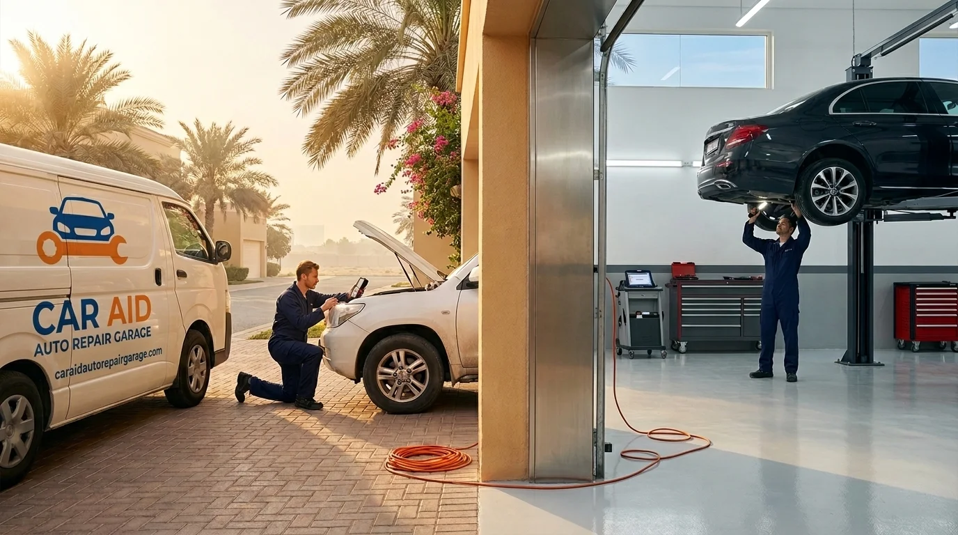 Mobile mechanic van servicing a car in a Dubai villa driveway beside a workshop with a car on a lift