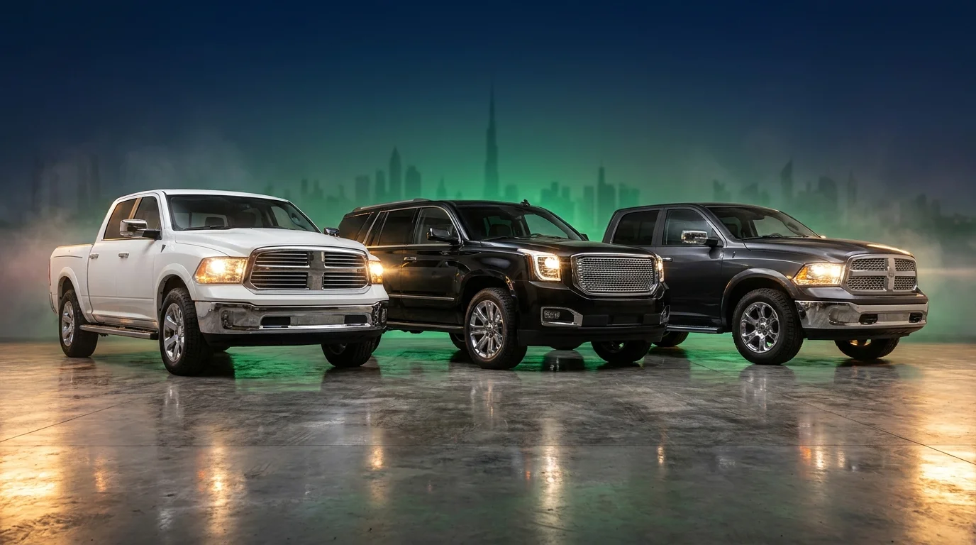 American pickup trucks and SUVs ready for scheduled servicing in Dubai