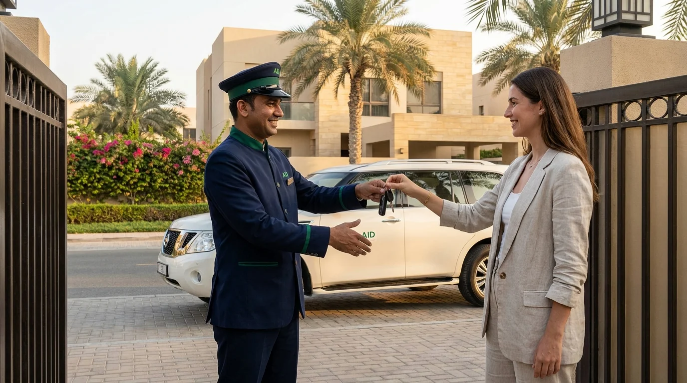 Car Aid driver collecting a car from a Dubai villa for its scheduled service