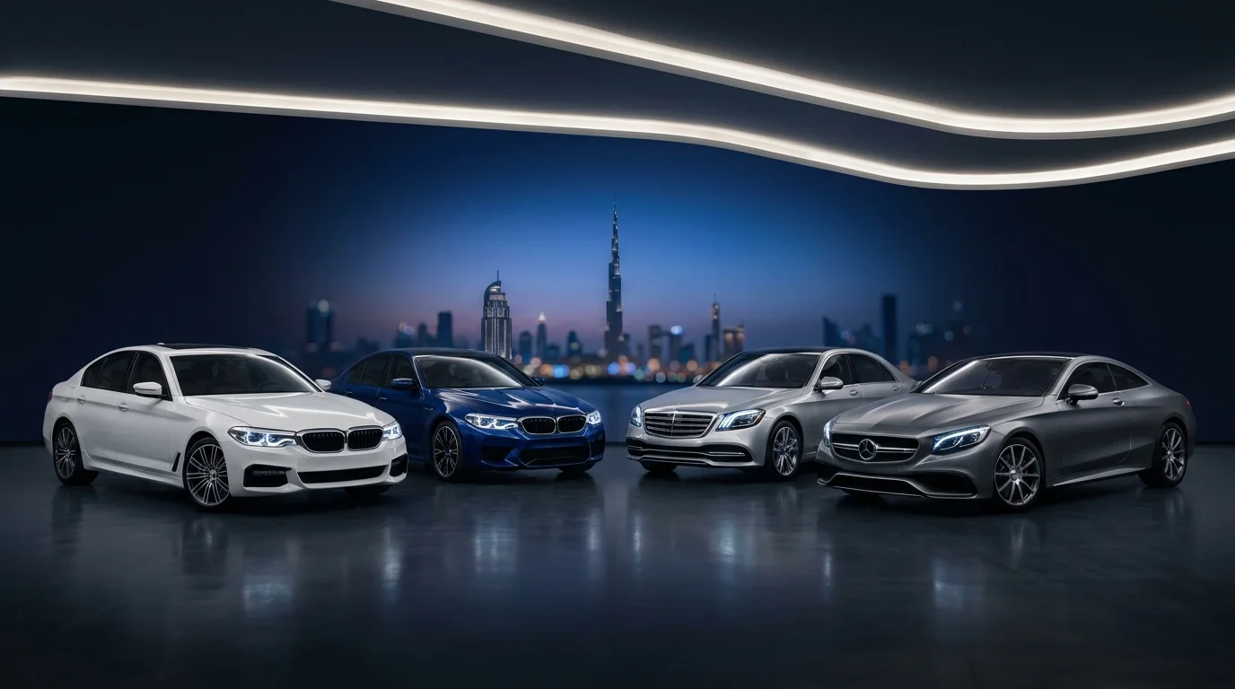 German and European luxury cars prepared for a service package in Dubai