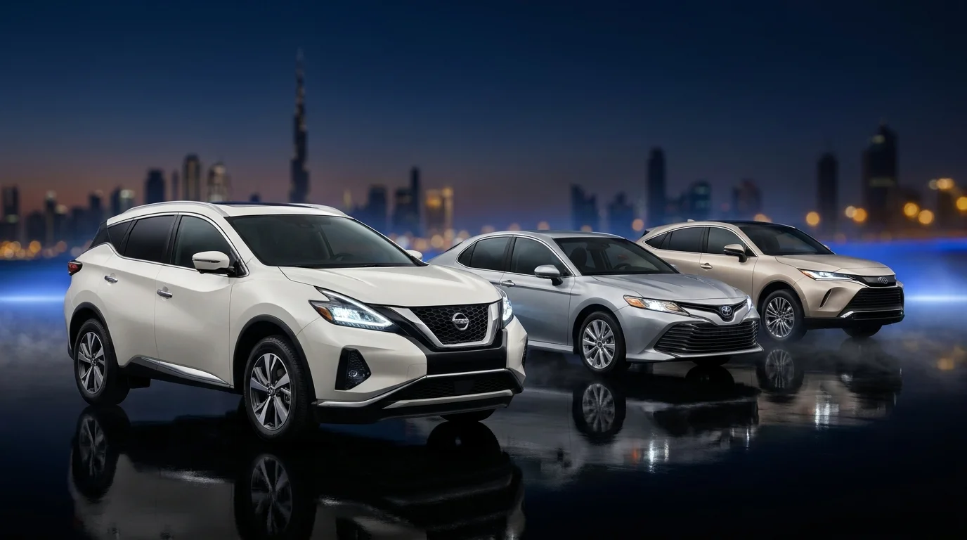 Japanese and Korean SUVs and sedans lined up for a service package in Dubai